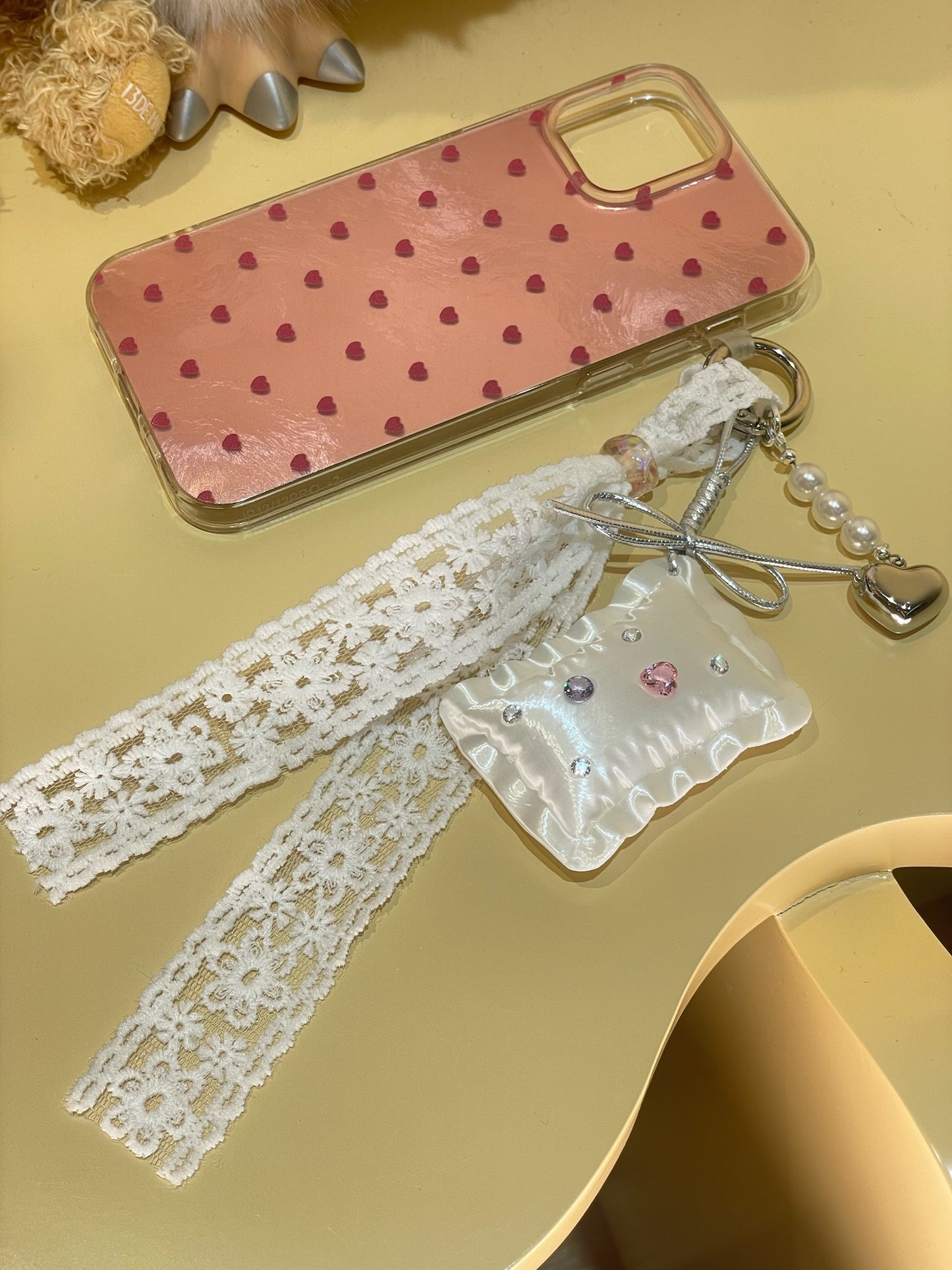 Pillow Phone Charm with silk white 3D printed pillow, lace ribbon, and heart pendant by UNICOLOOM