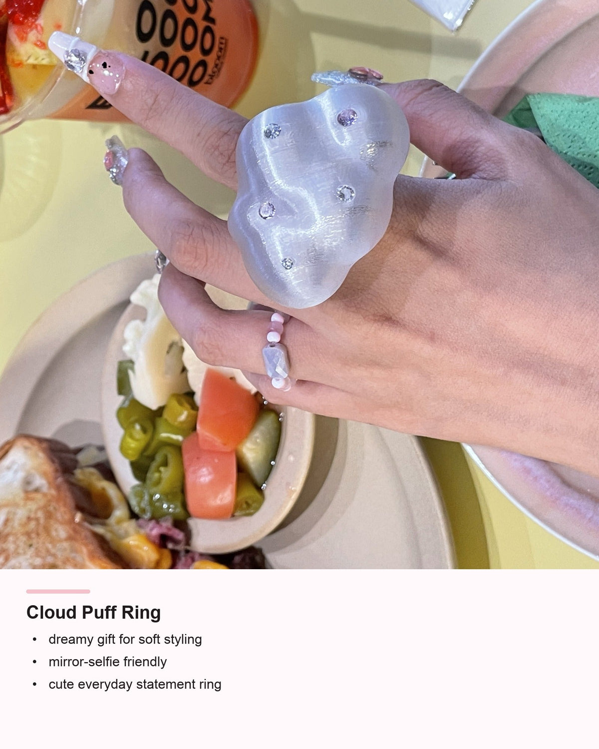 Cloud Puff Ring detail card showing dreamy gift styling mood