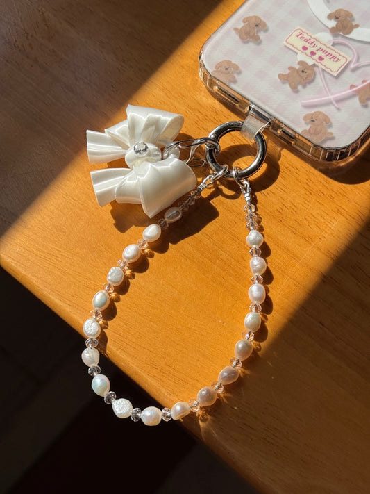 White Bow Pearl Phone Charm with freshwater pearls and cubic zirconia bow by UNICOLOOM