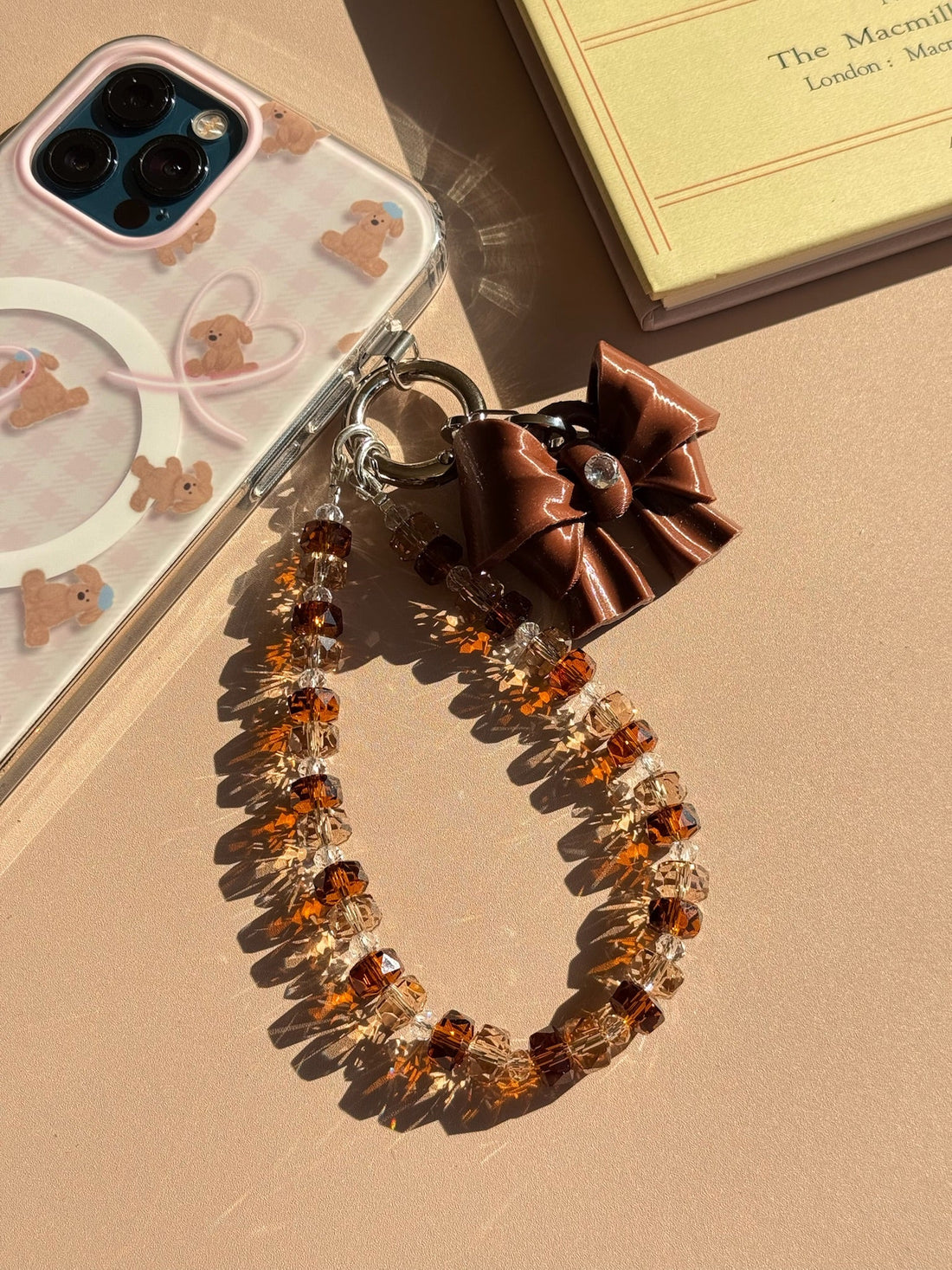 Brown Bow K9 Phone Chain with beaded phone charm and cubic zirconia bow by UNICOLOOM