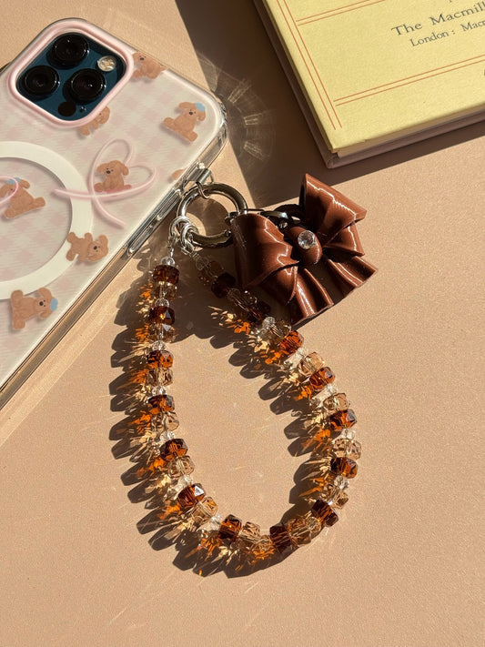 Brown Bow K9 Phone Chain with beaded phone charm and cubic zirconia bow by UNICOLOOM
