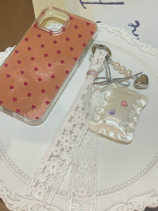 Pillow Phone Charm with silk white 3D printed pillow, lace ribbon, and heart pendant by UNICOLOOM