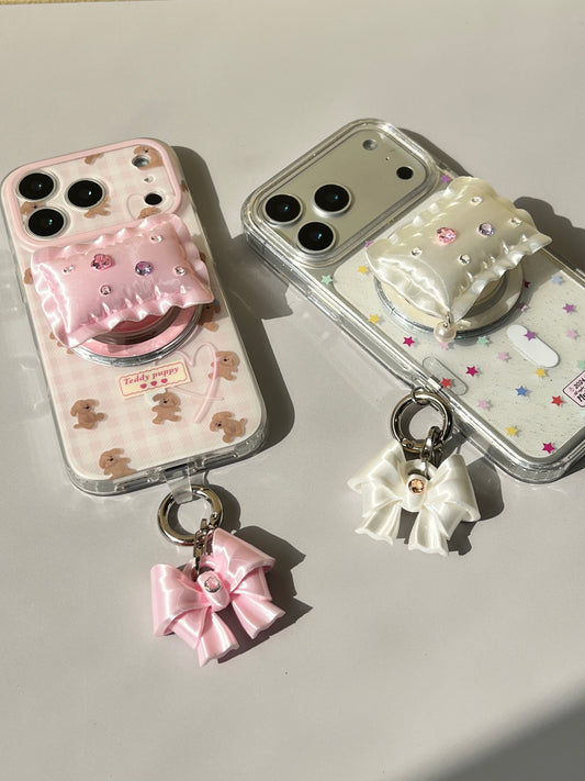 Bow Phone Charm styled as a cute soft aesthetic phone accessory by UNICOLOOM