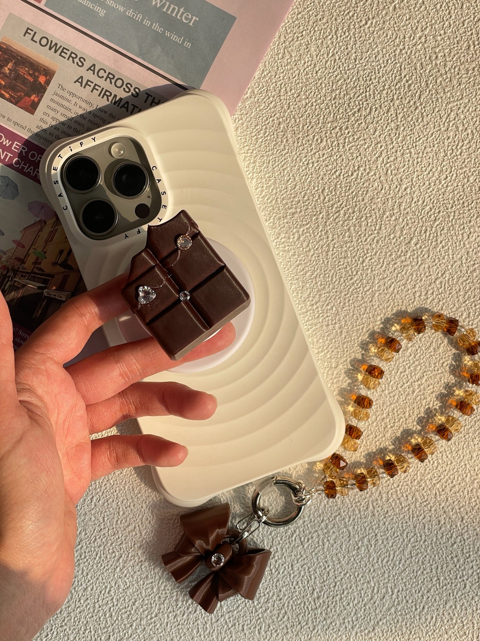 Brown Bow K9 Phone Chain with beaded phone charm and cubic zirconia bow by UNICOLOOM