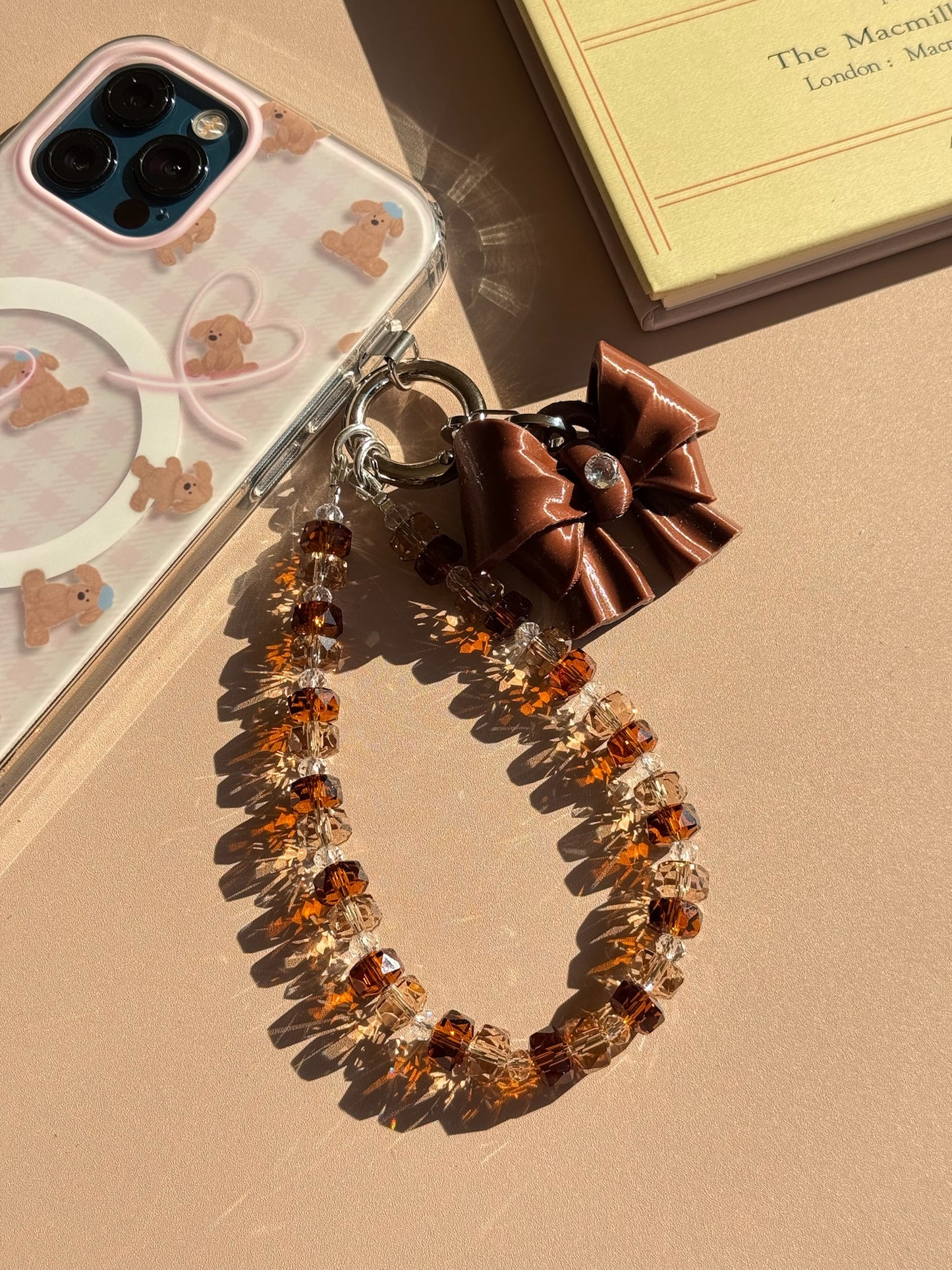 Brown Bow K9 Phone Chain with beaded phone charm and cubic zirconia bow by UNICOLOOM