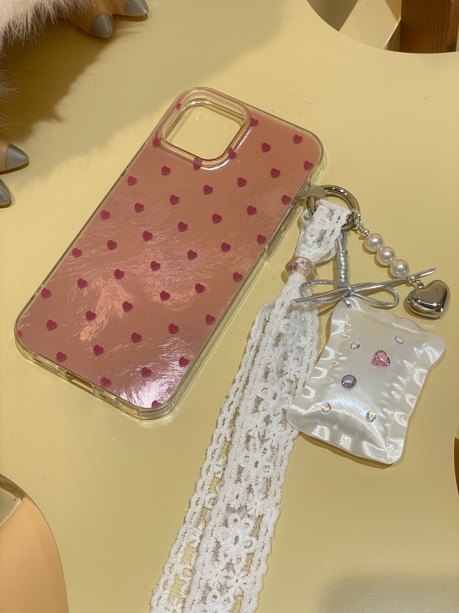Pillow Phone Charm with silk white 3D printed pillow, lace ribbon, and heart pendant by UNICOLOOM