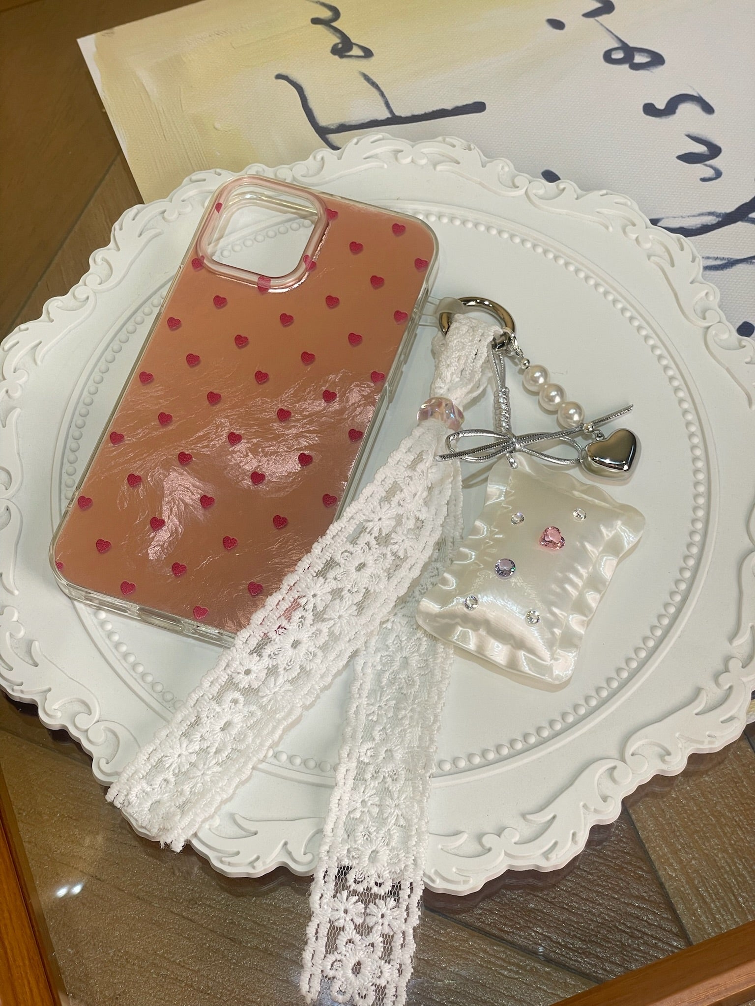 Pillow Phone Charm with silk white 3D printed pillow, lace ribbon, and heart pendant by UNICOLOOM