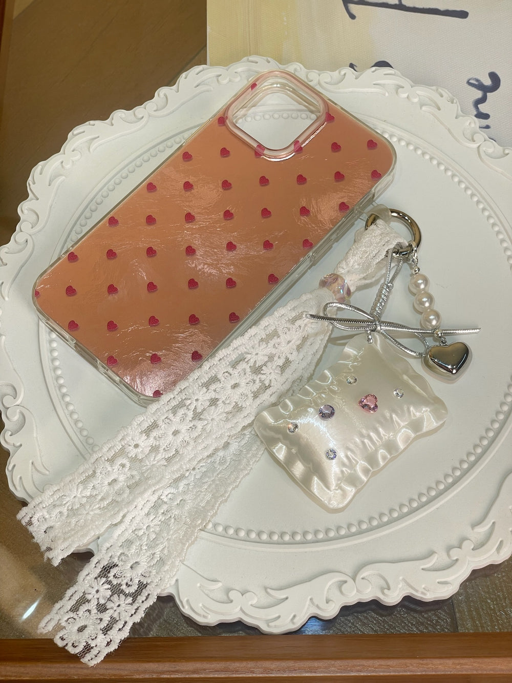 Pillow Phone Charm with silk white 3D printed pillow, lace ribbon, and heart pendant by UNICOLOOM