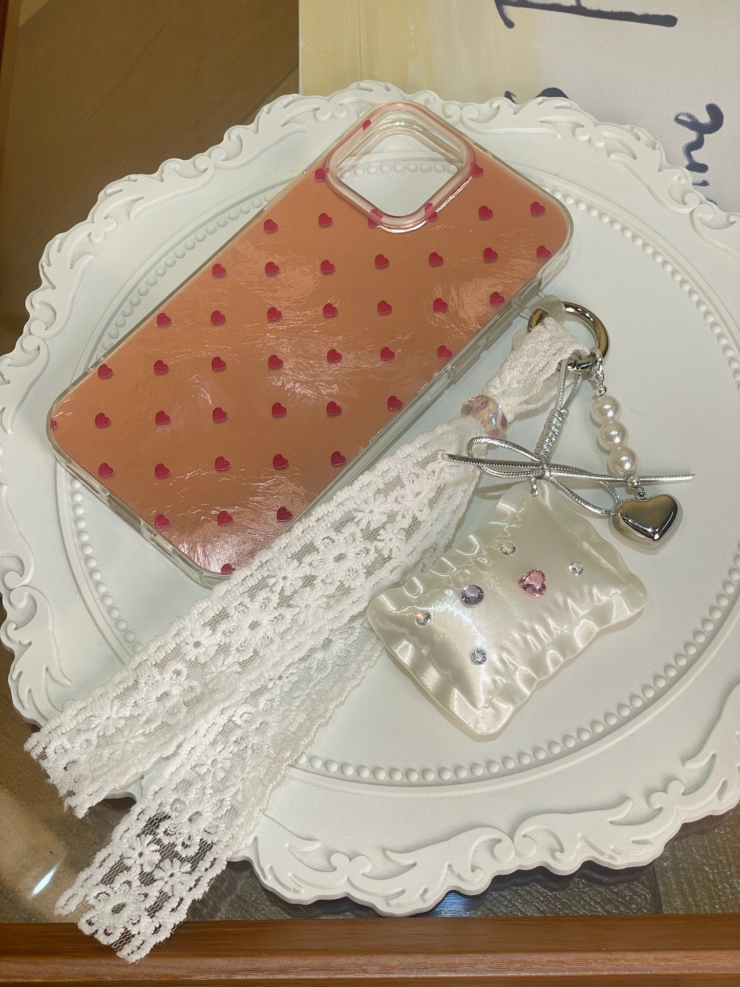 Pillow Phone Charm with silk white 3D printed pillow, lace ribbon, and heart pendant by UNICOLOOM