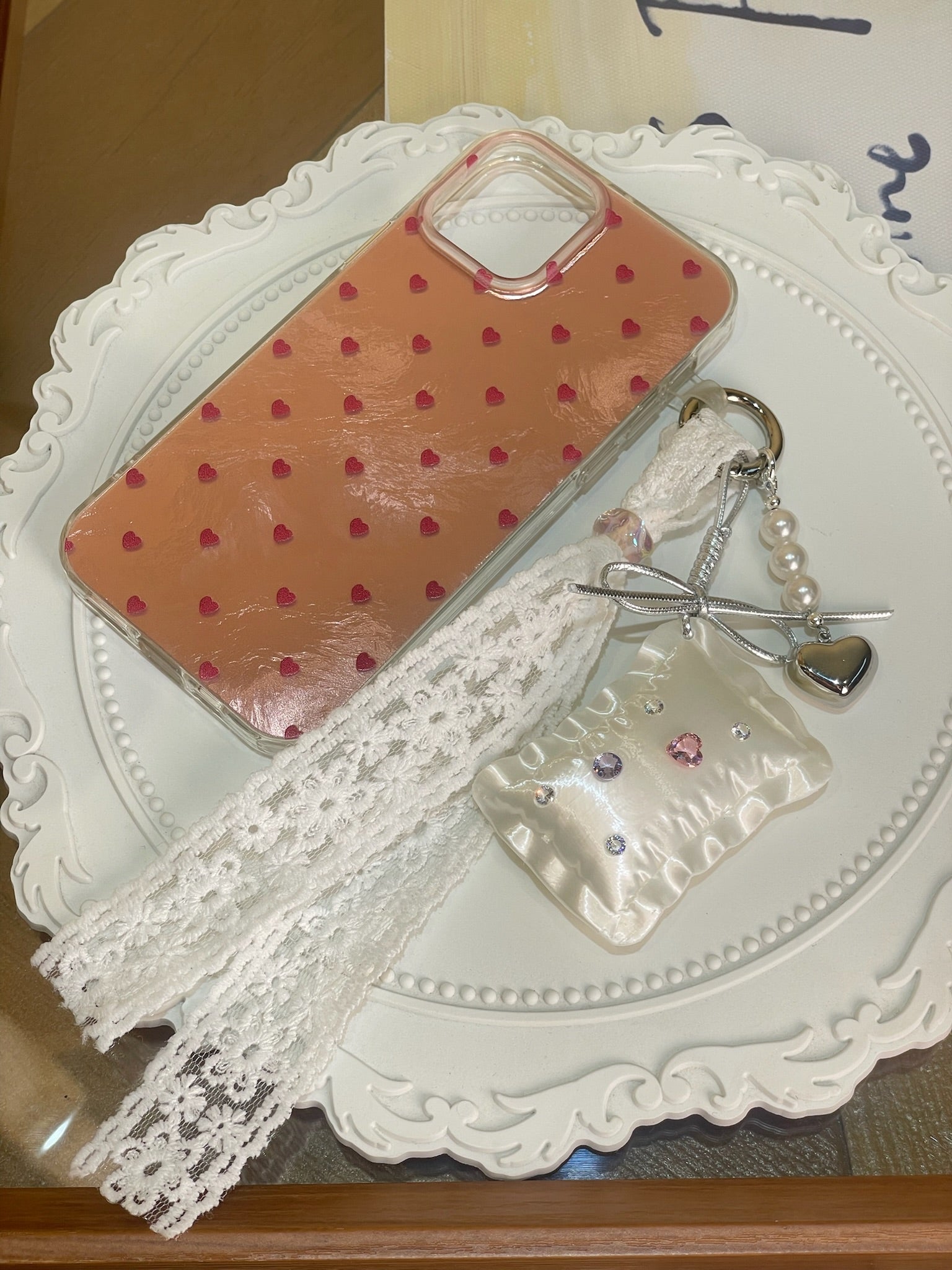 Pillow Phone Charm with silk white 3D printed pillow, lace ribbon, and heart pendant by UNICOLOOM