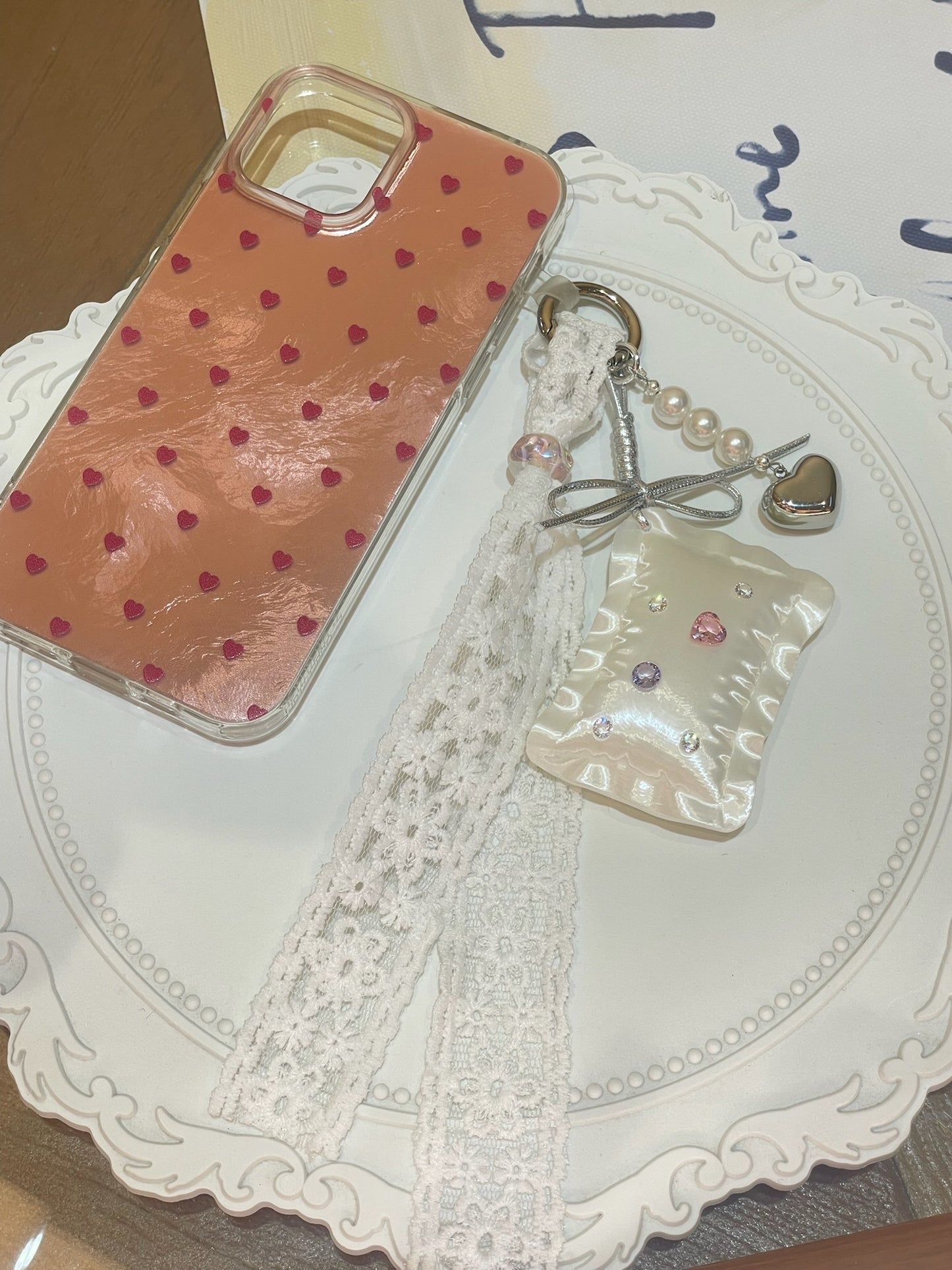 Pillow Phone Charm with silk white 3D printed pillow, lace ribbon, and heart pendant by UNICOLOOM