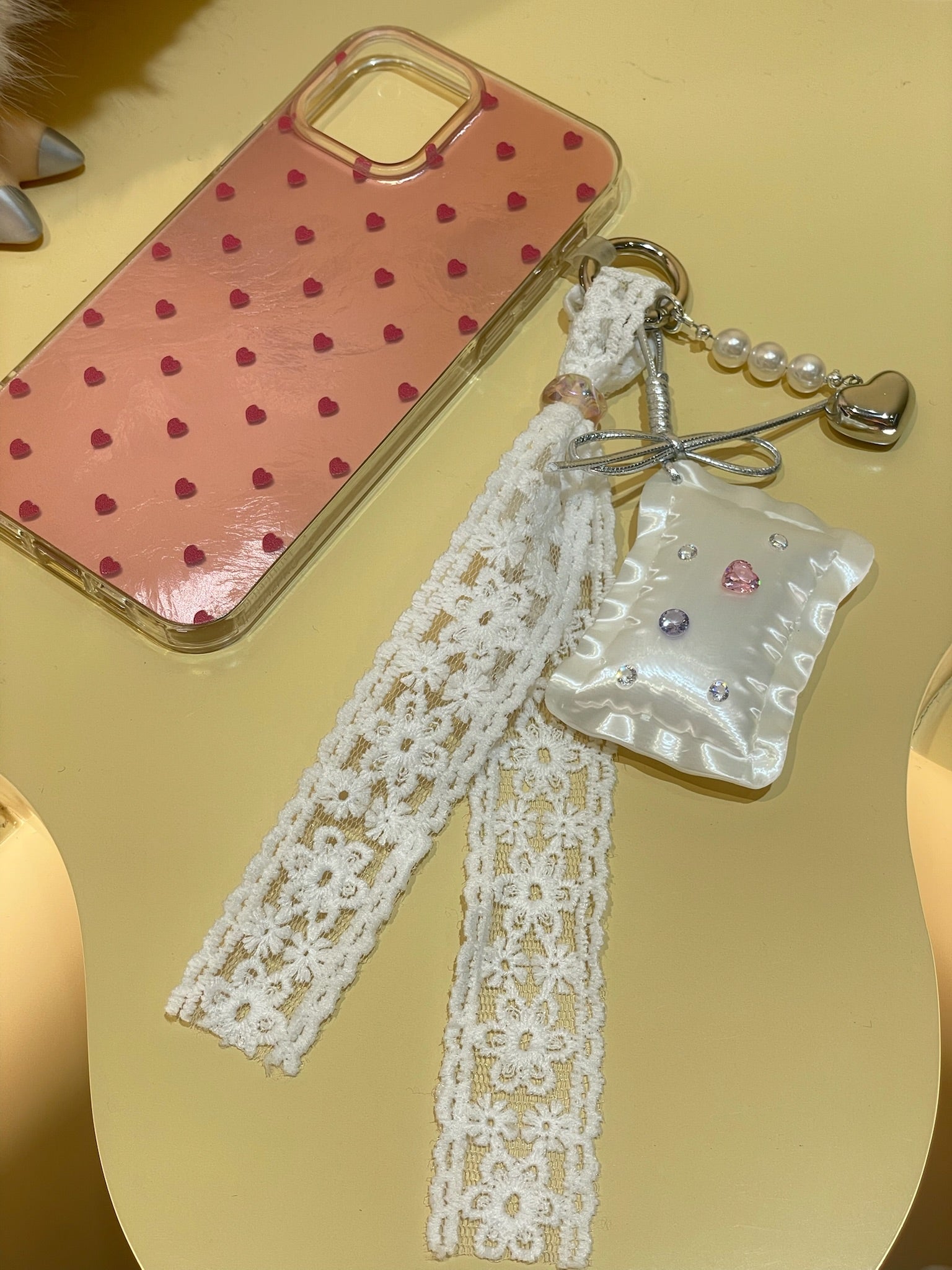 Pillow Phone Charm with silk white 3D printed pillow, lace ribbon, and heart pendant by UNICOLOOM