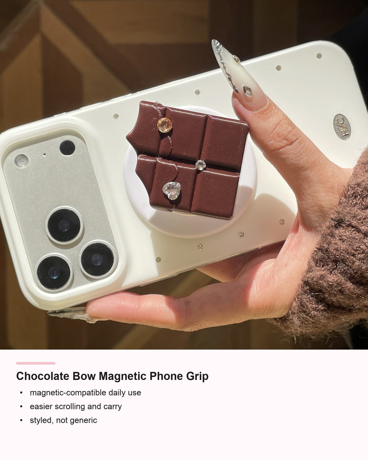 Chocolate Bow Magnetic Phone Grip detail card showing daily-use compatibility