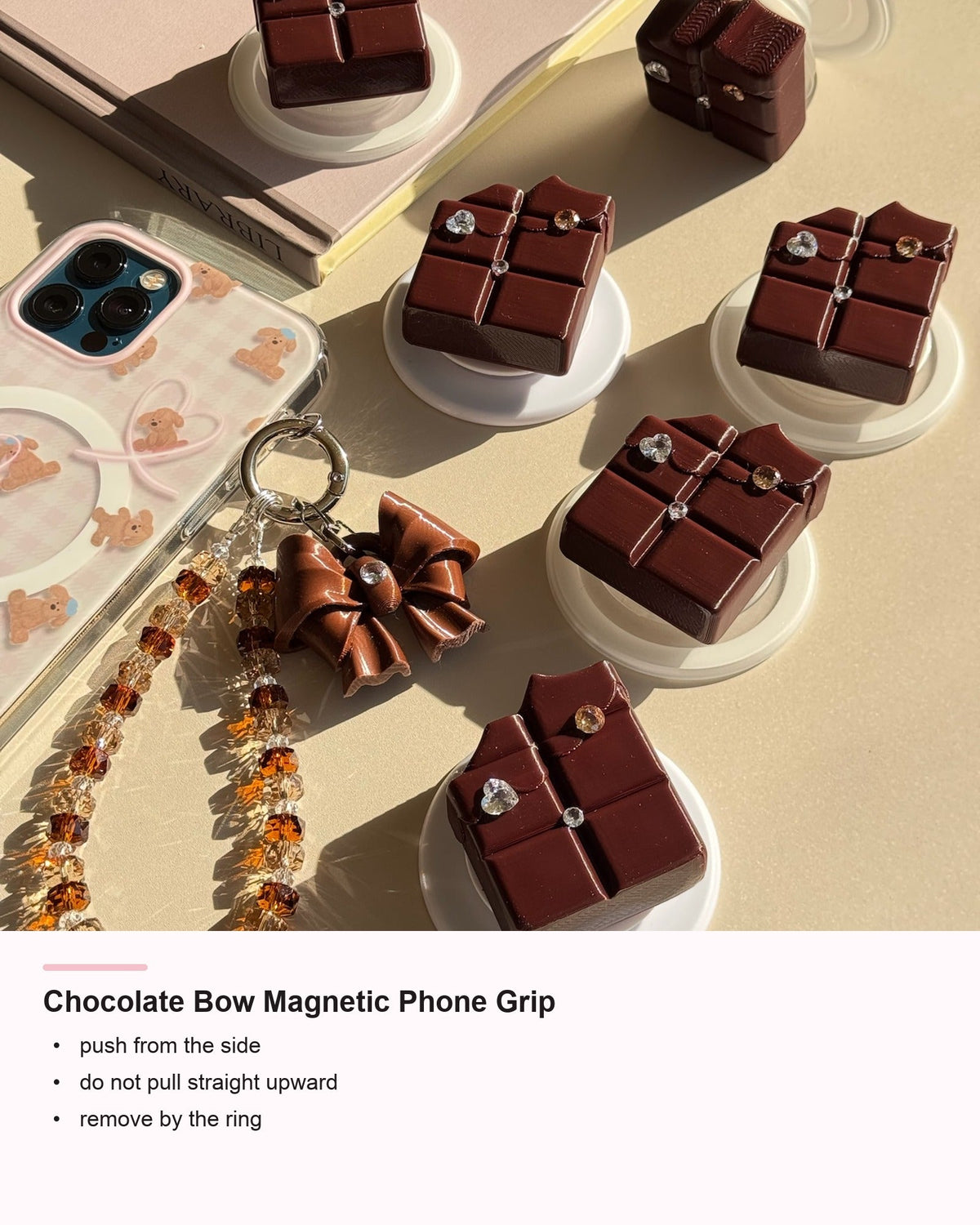 Chocolate Bow Magnetic Phone Grip detail card showing correct side-push removal