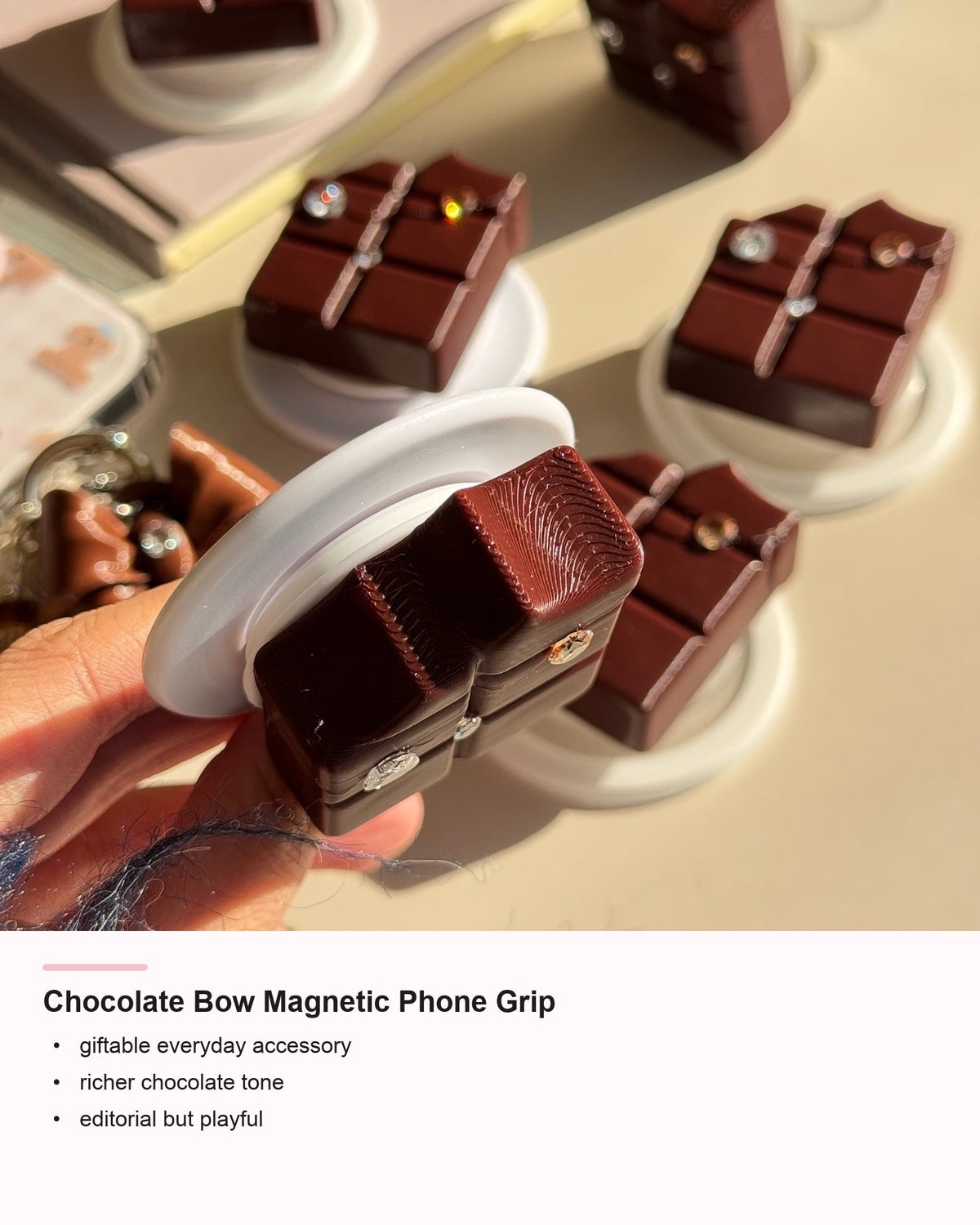 Chocolate Bow Magnetic Phone Grip detail card showing giftable styling mood