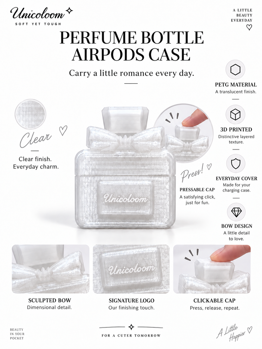 Clear perfume bottle AirPods case features