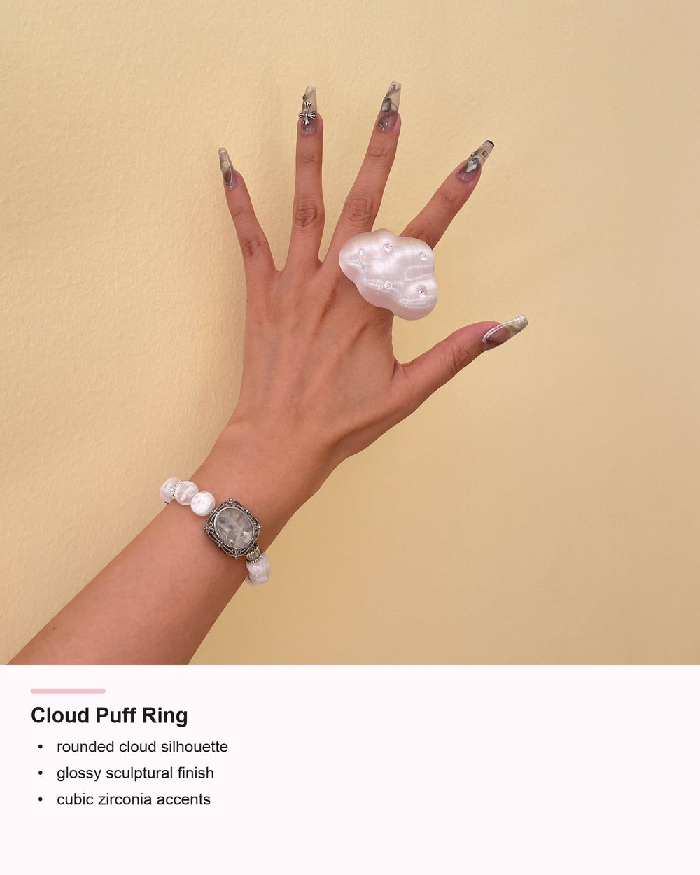 Cloud Puff Ring detail card showing silhouette and cubic zirconia accents