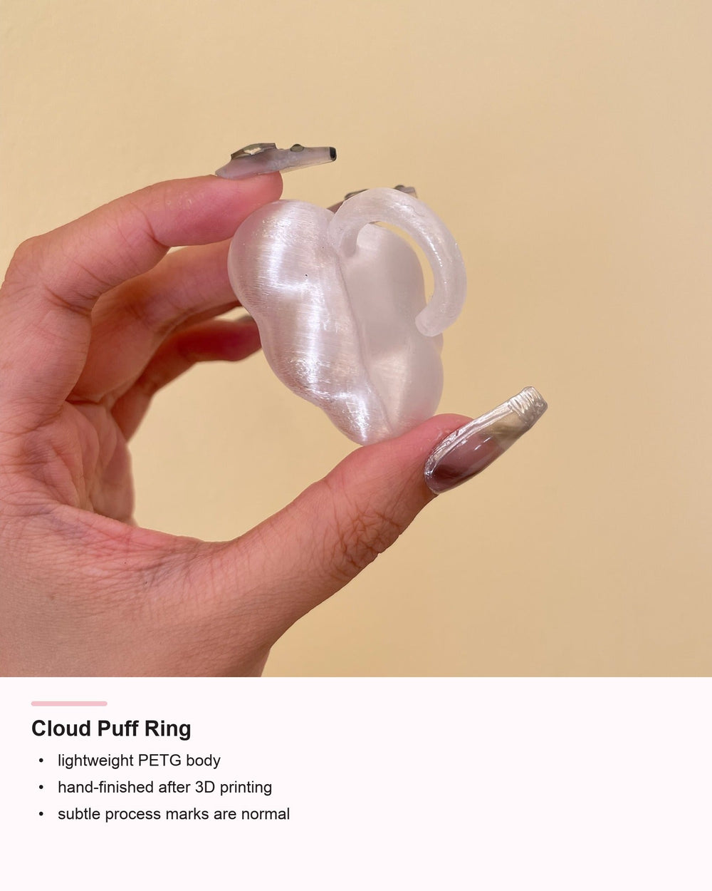 Cloud Puff Ring detail card showing PETG craft information