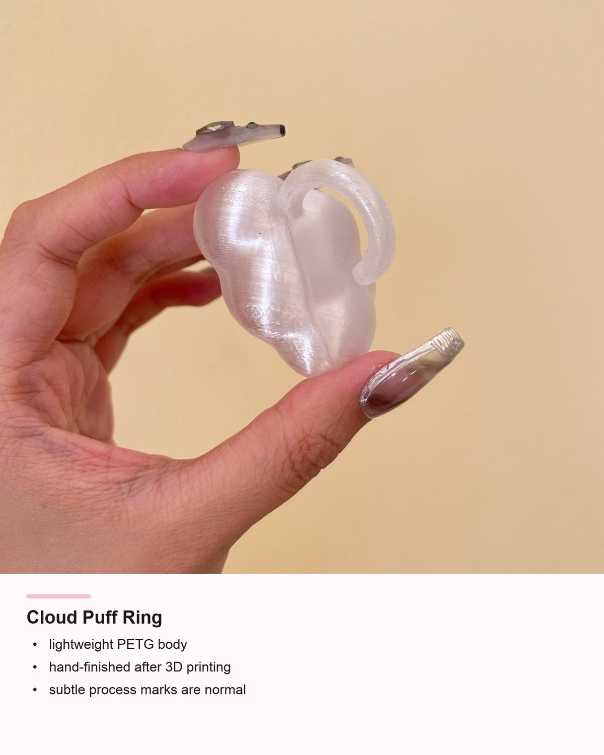 Cloud Puff Ring detail card showing PETG craft information