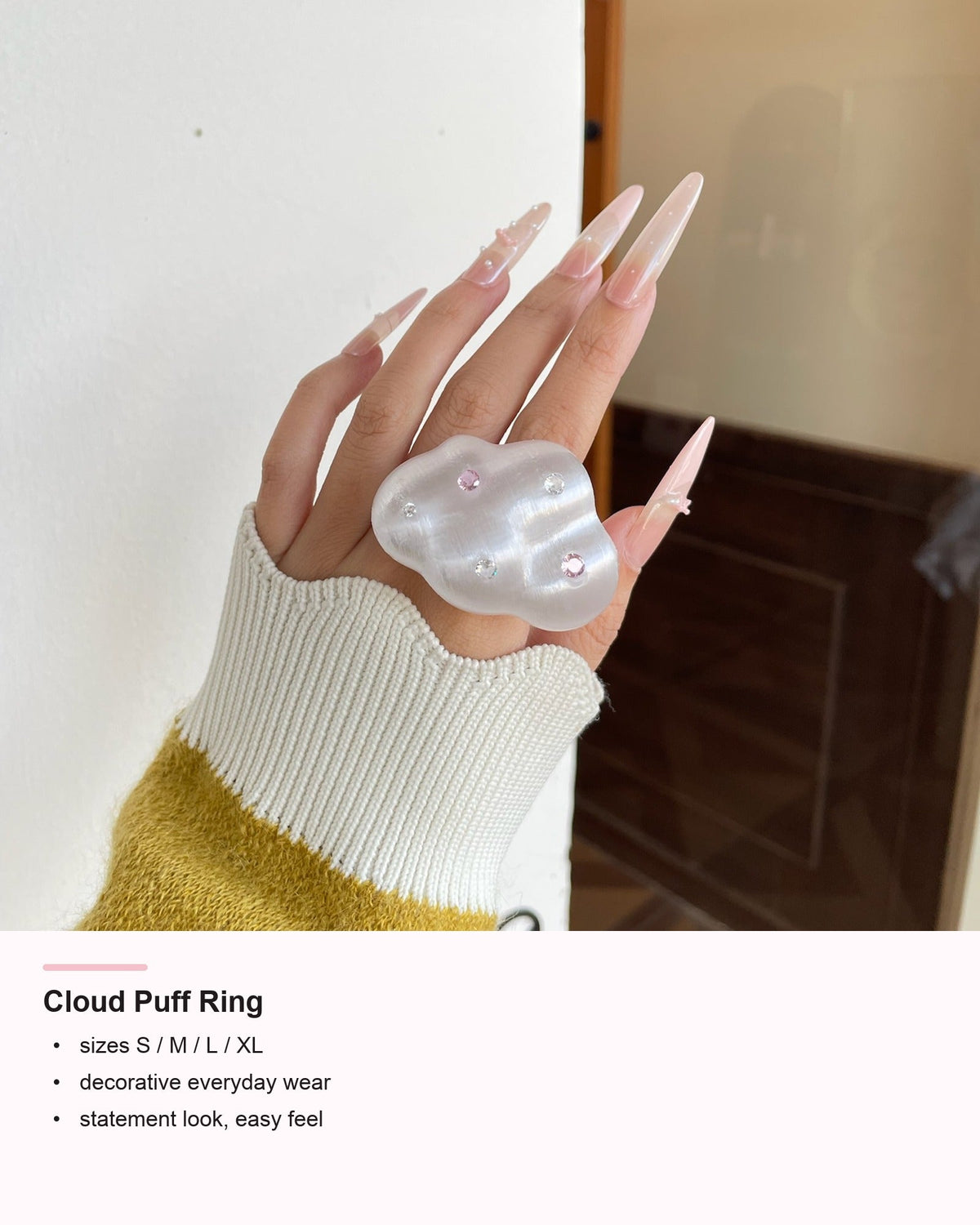 Cloud Puff Ring detail card showing size and wearability information
