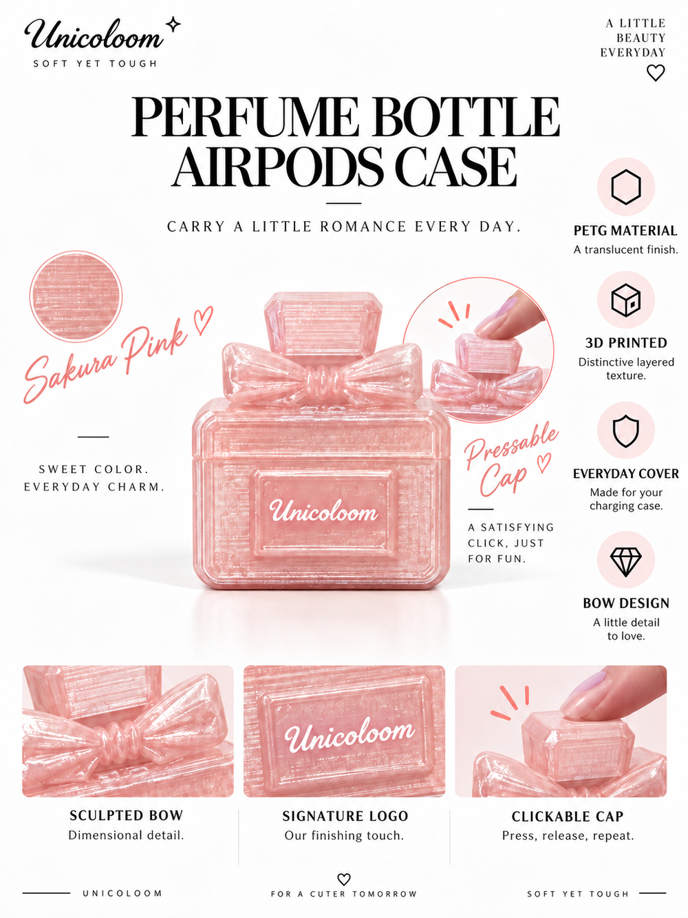 Sakura Pink perfume bottle AirPods case features
