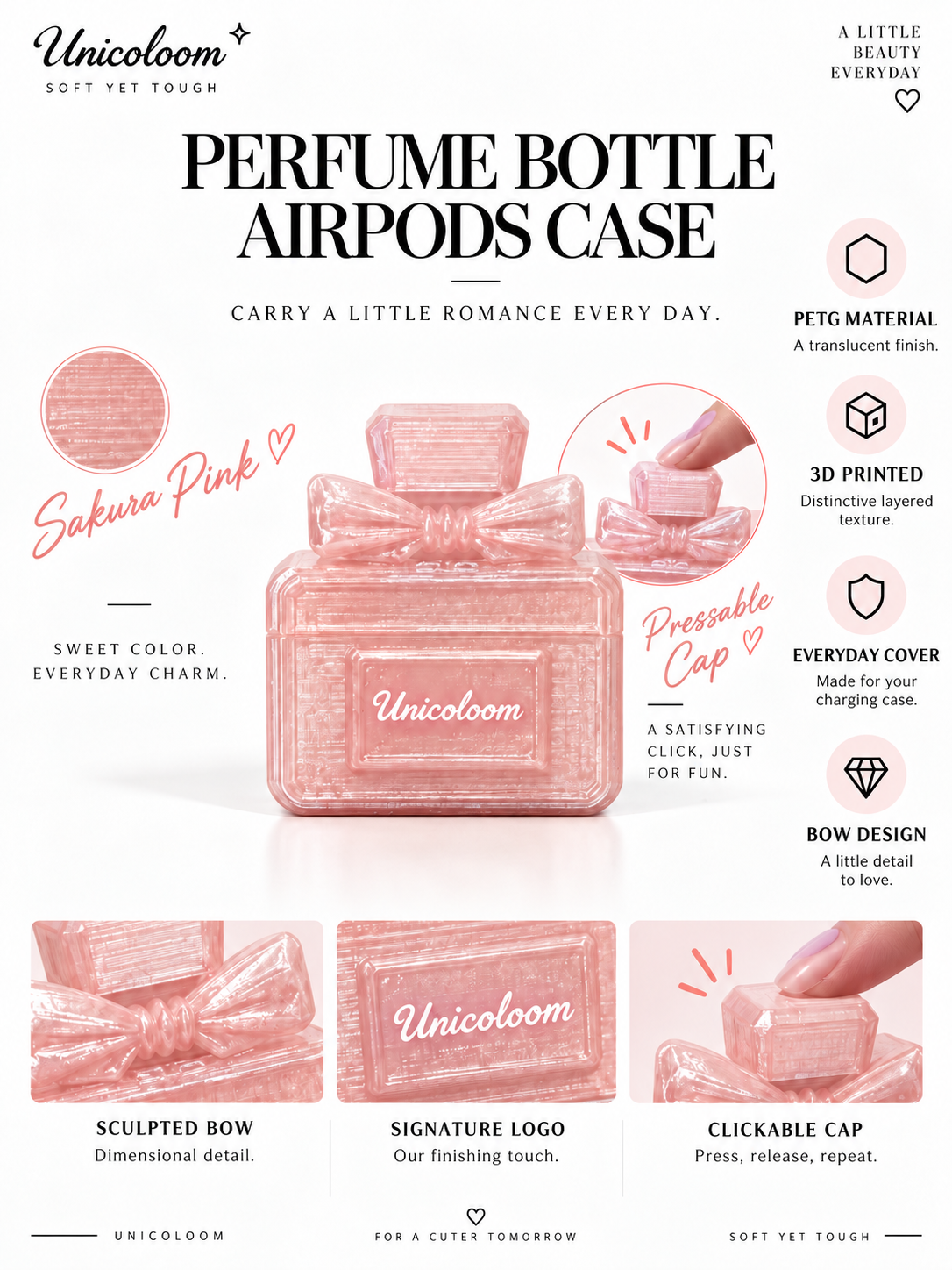Sakura Pink perfume bottle AirPods case features
