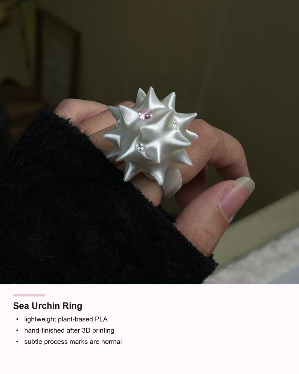 Sea Urchin Ring detail card showing PLA craft information