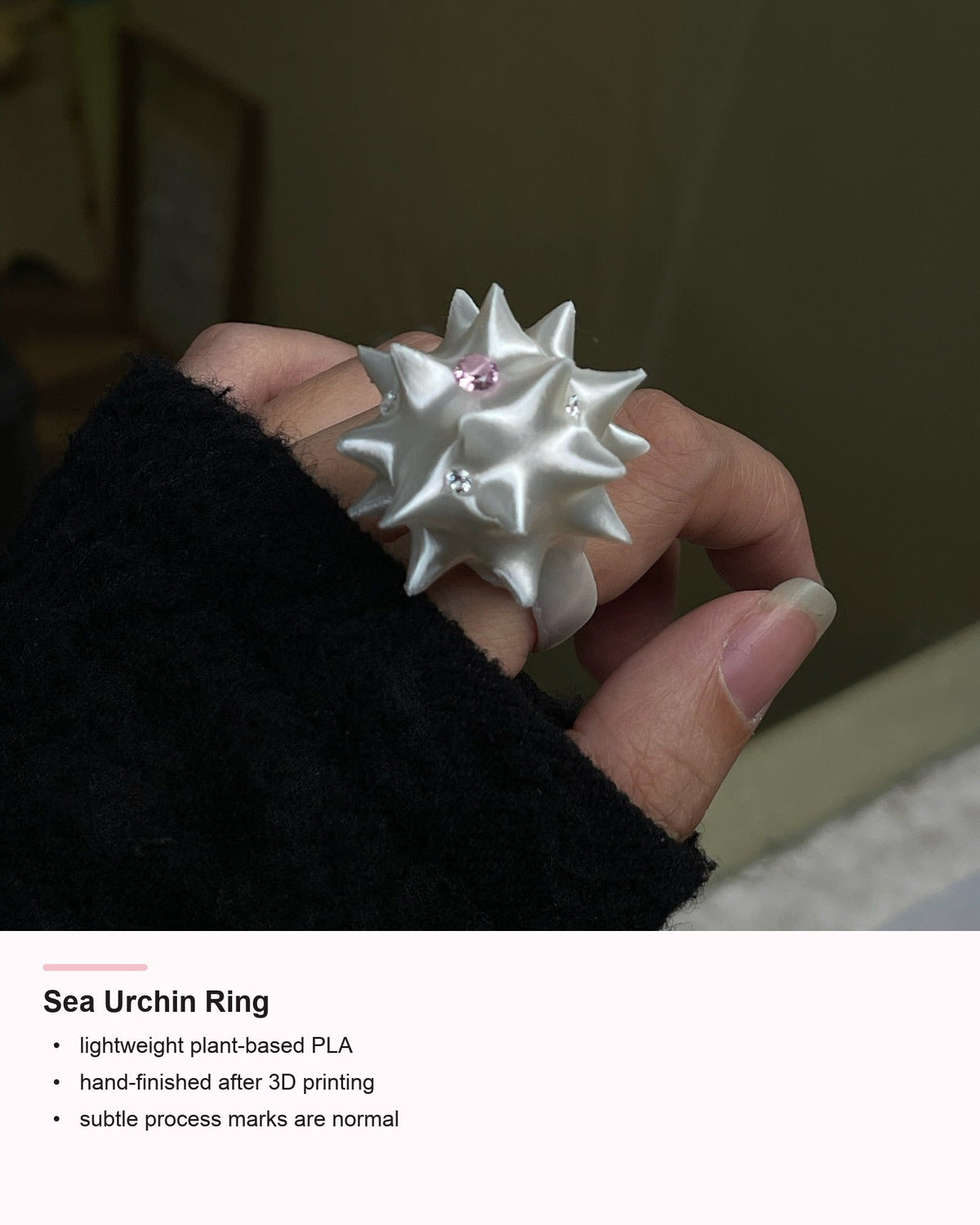 Sea Urchin Ring detail card showing PLA craft information