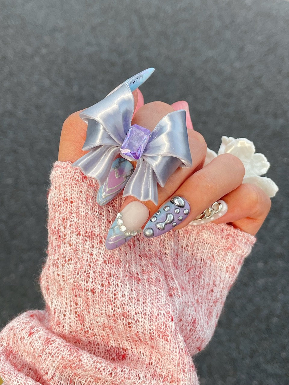 Silk Silver / Purple CZ Ribbon Bow Ring worn on hand by UNICOLOOM