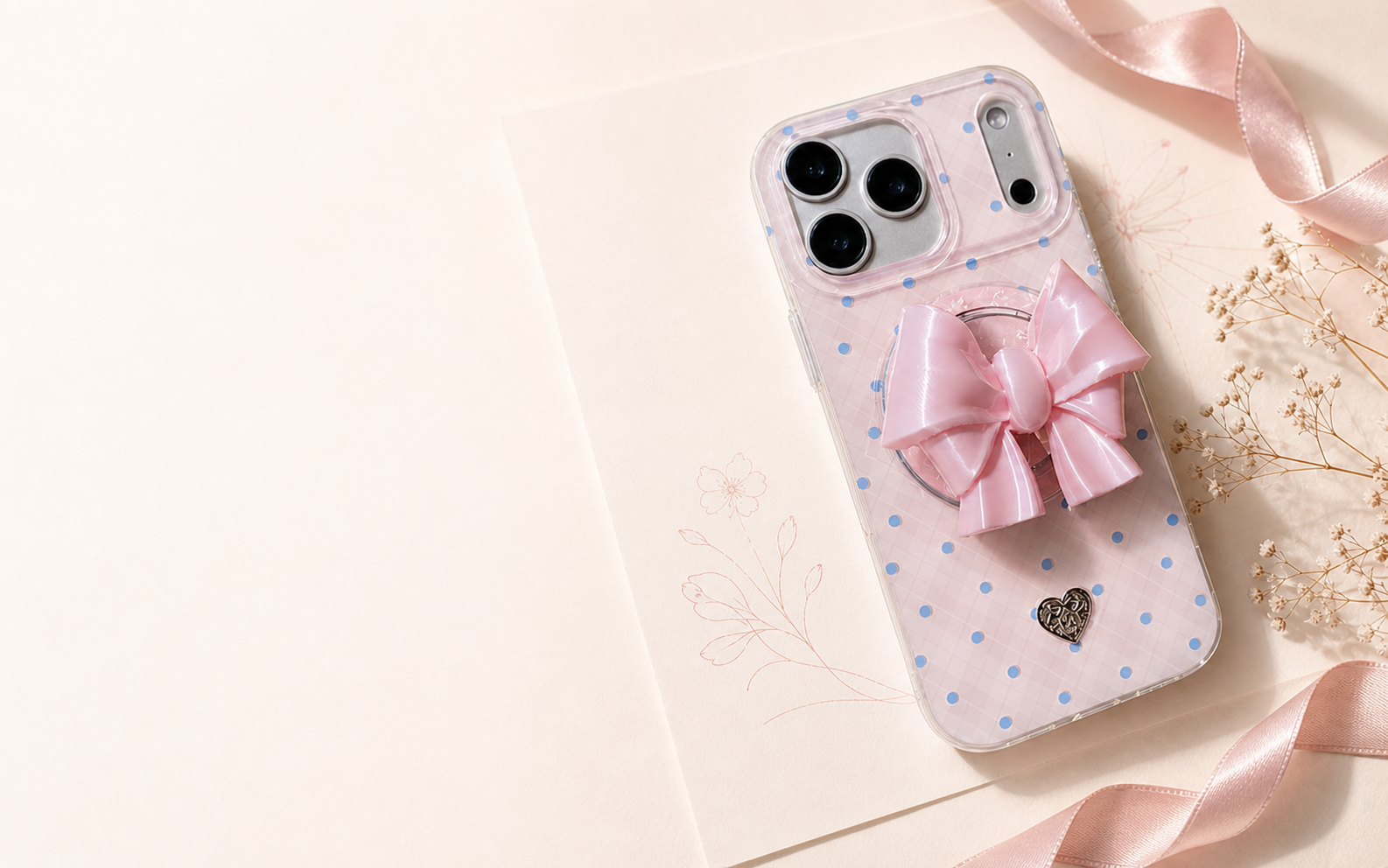 Pink Bow Magnetic Phone Grip in a soft romantic UNICOLOOM atelier scene