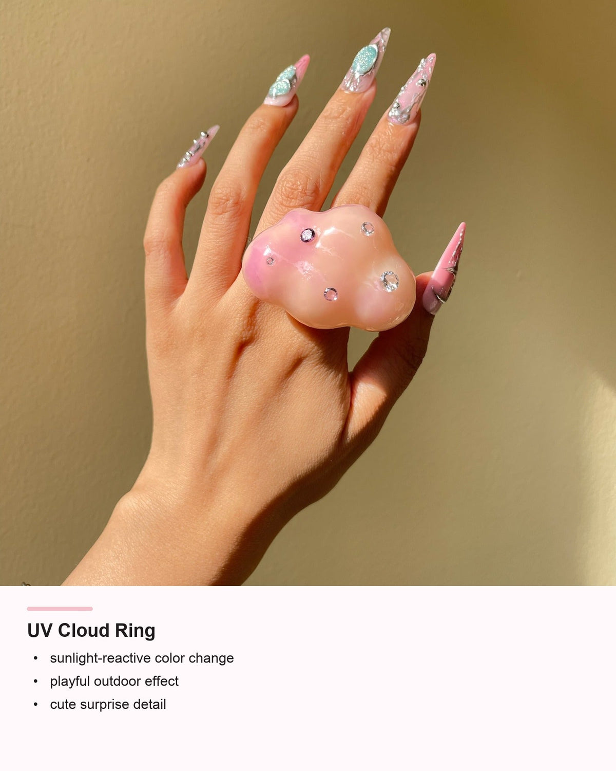 UV Cloud Ring detail card showing sunlight color-change effect