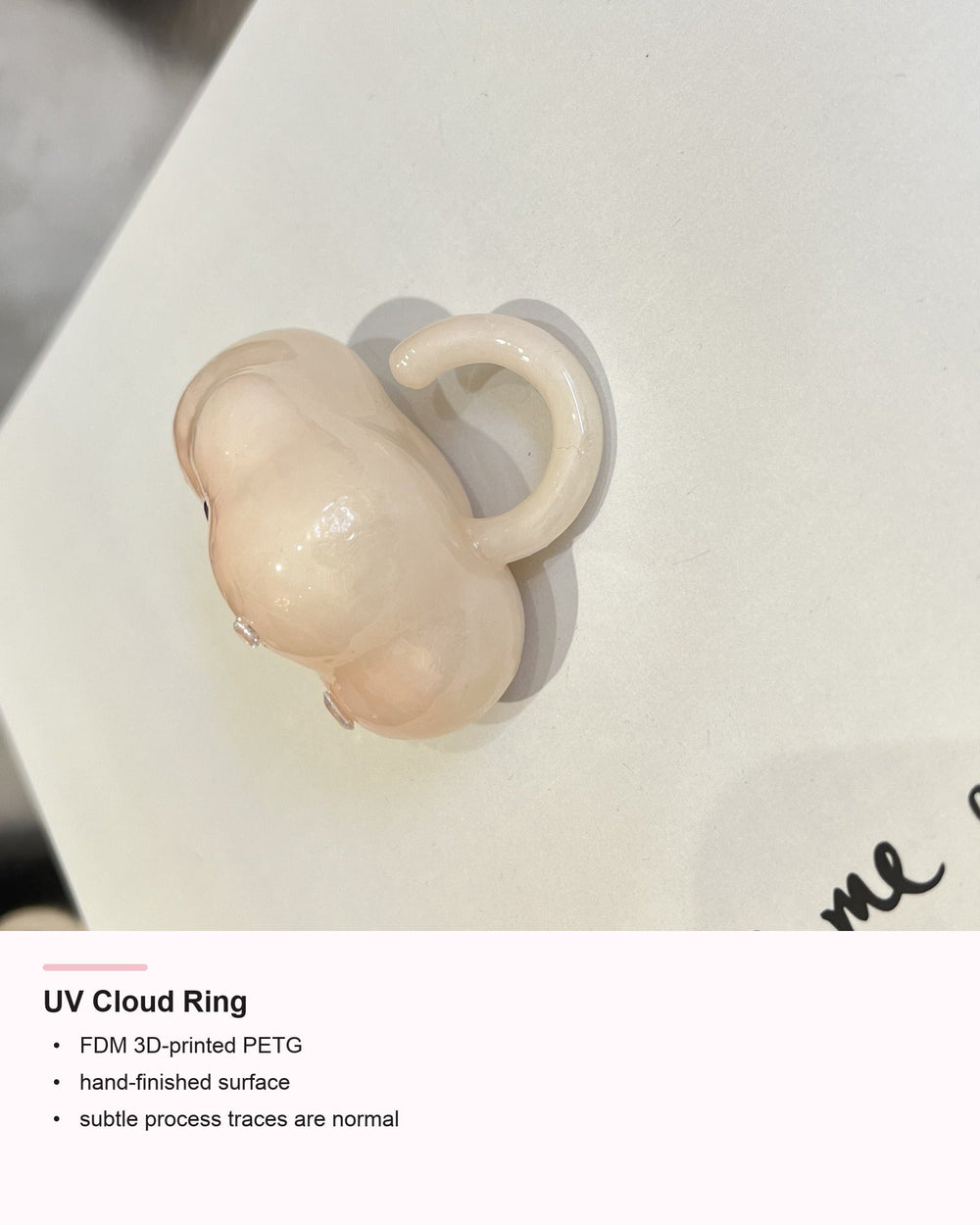 UV Cloud Ring detail card showing PETG craft information