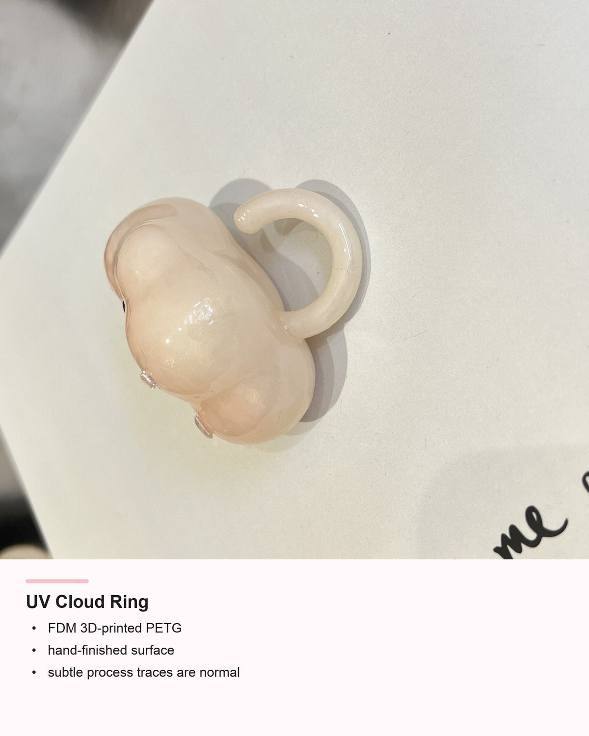 UV Cloud Ring detail card showing PETG craft information