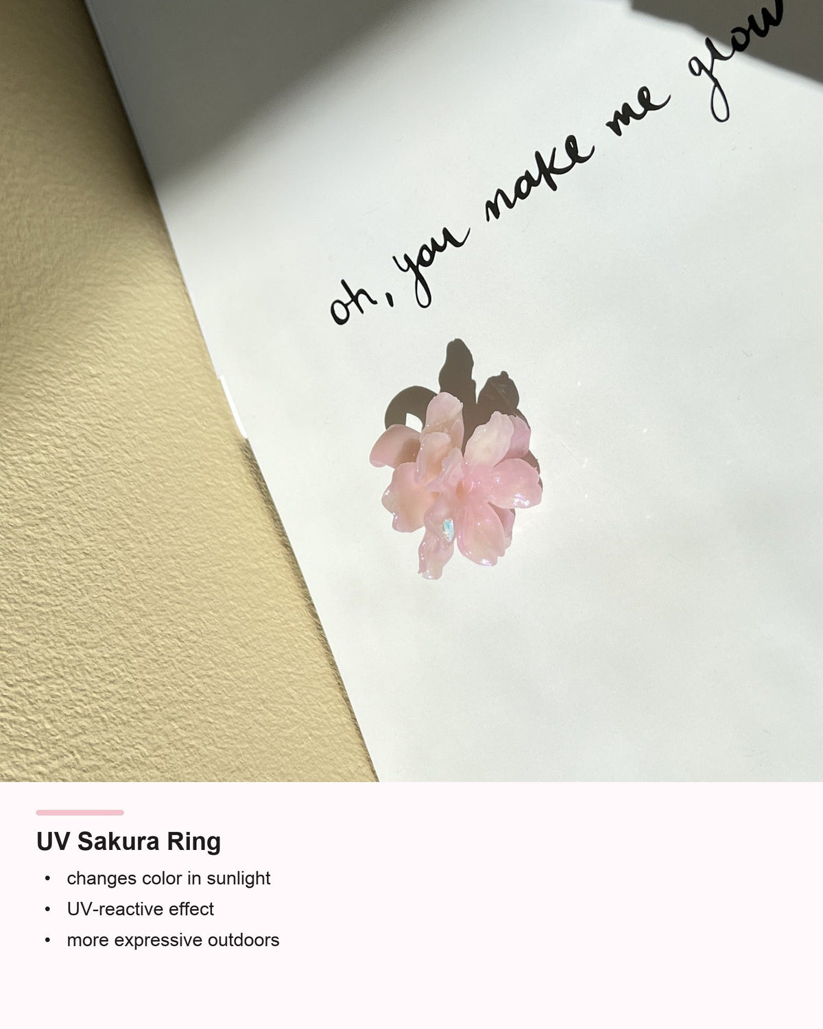 UV Sakura Ring detail card showing sunlight color-change effect