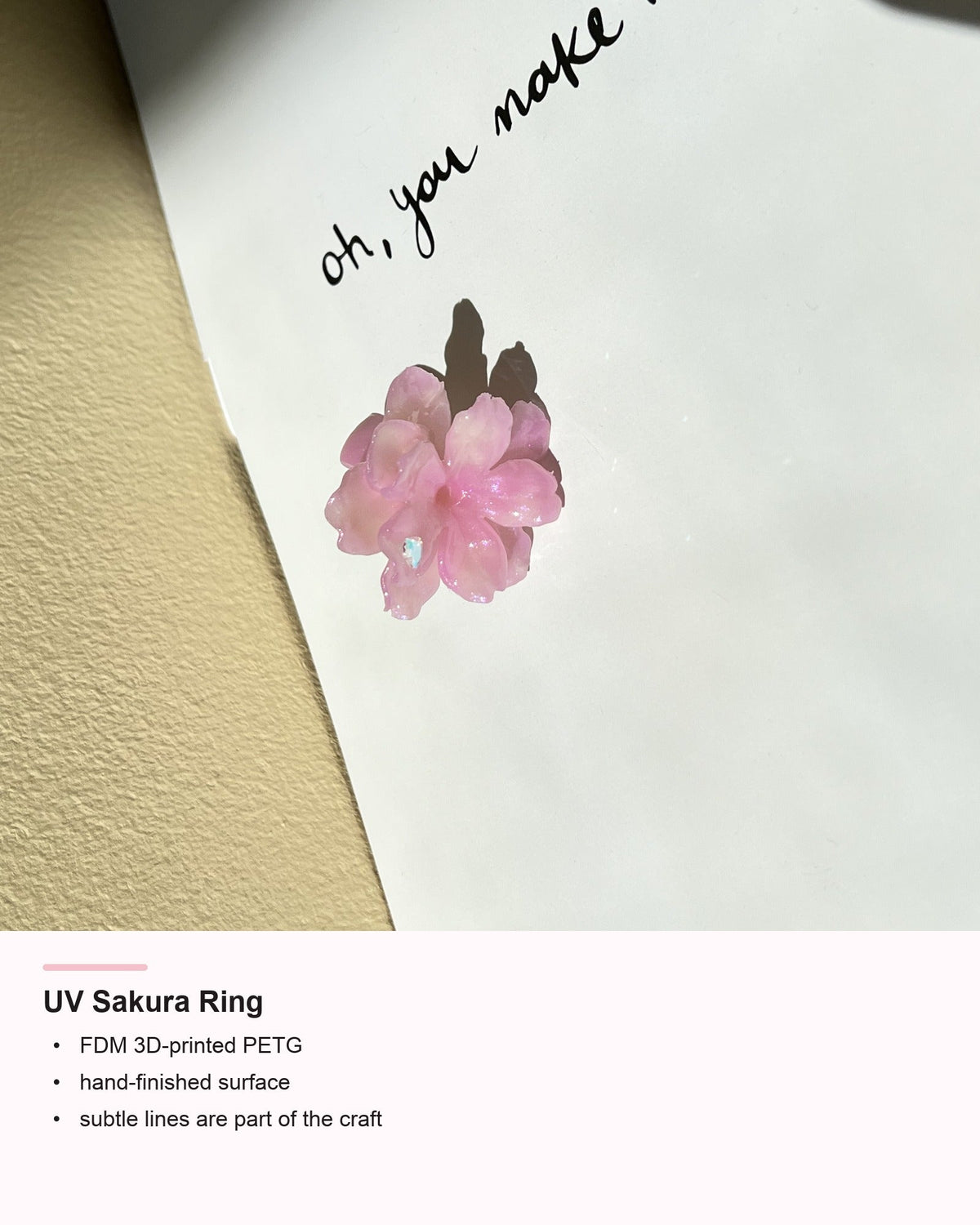 UV Sakura Ring detail card showing PETG craft information