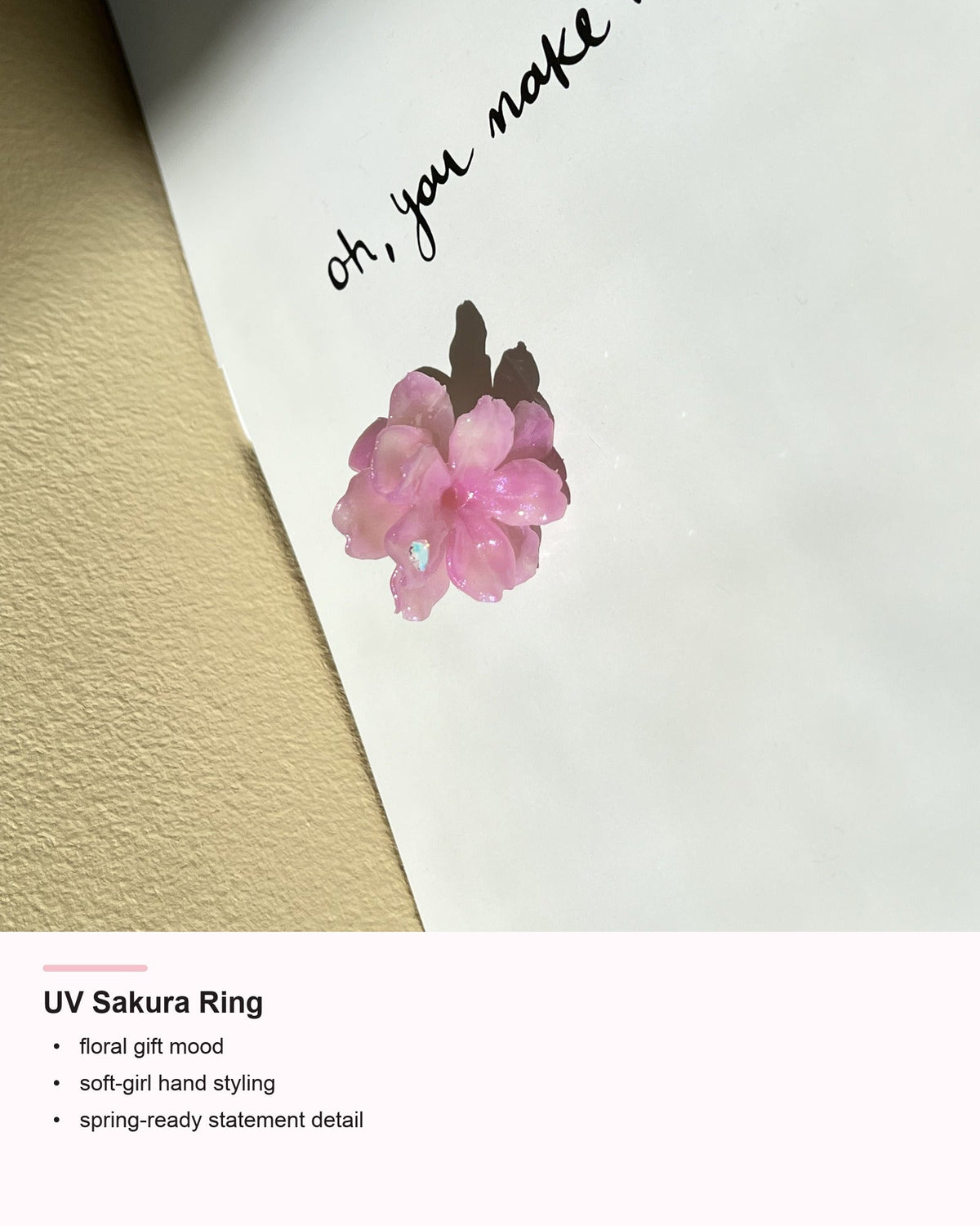 UV Sakura Ring detail card showing floral gift styling mood