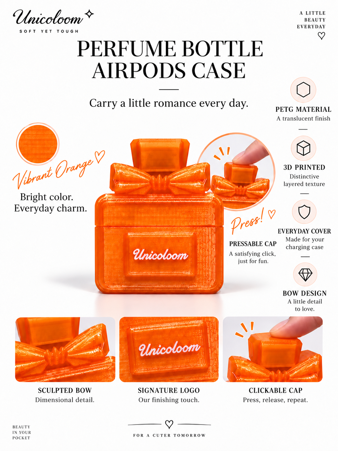 Vibrant Orange perfume bottle AirPods case features