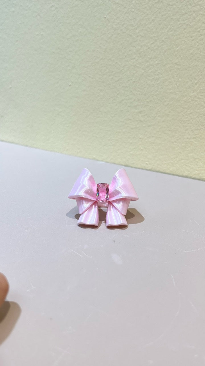 Silk Pink Ribbon Bow Ring with pink cubic zirconia